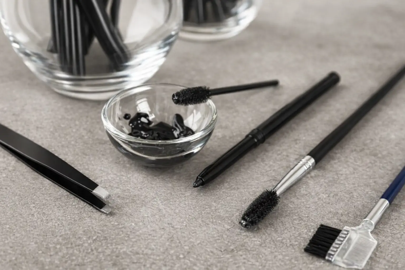 Aftercare products for maintaining eyebrow tinting results in a serene bathroom setting